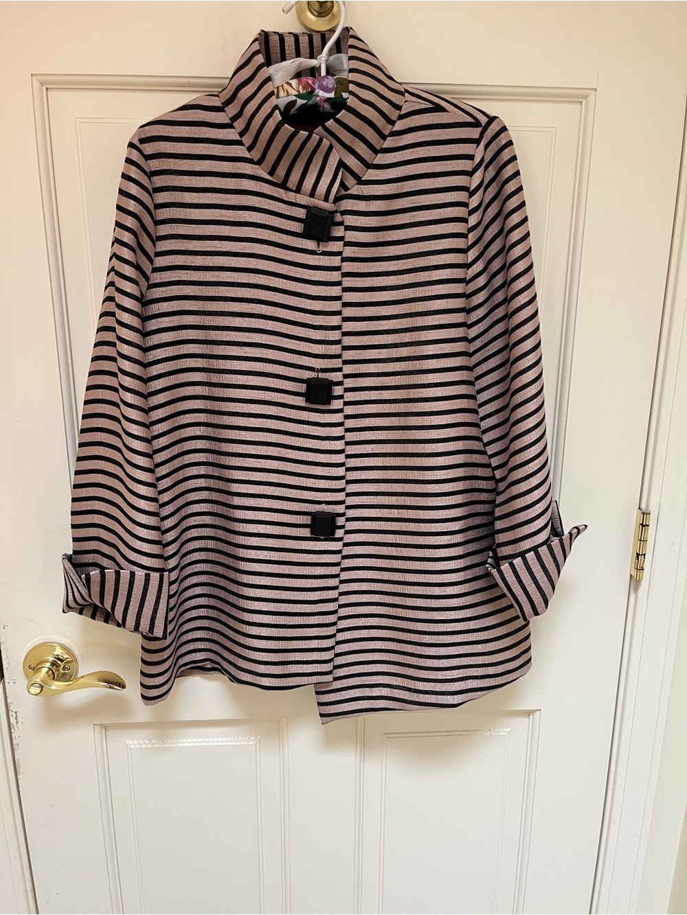 I C by Connie K Striped Asymmetrical Taupe and Black Women's Jacket